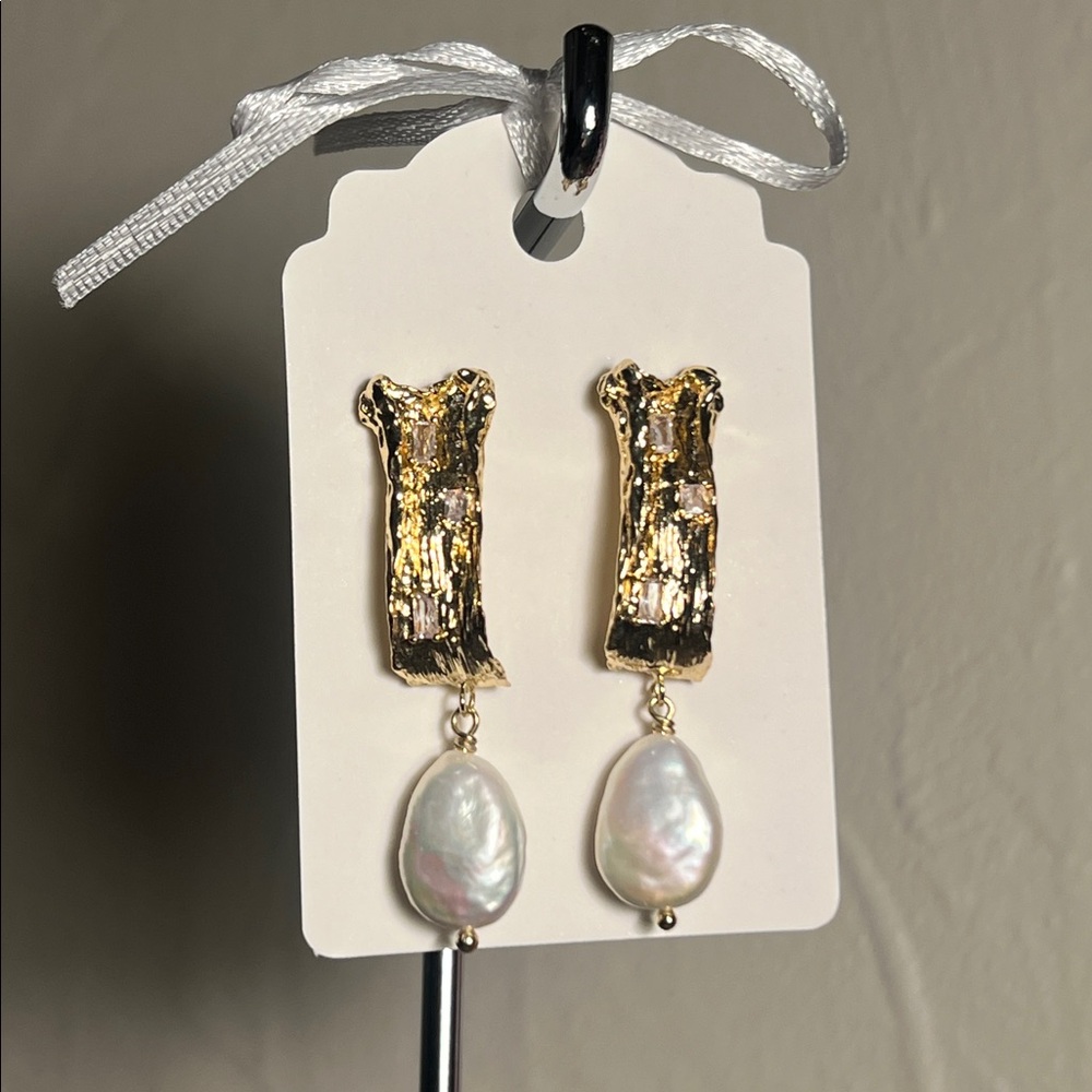 Contemporary Gold and Pearl Drop Earrings